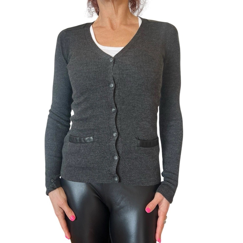 THEORY GRAY KNIT CARDIGAN SWEATER JUNIPERE WOOL RIB‎ KNIT LAMB LEATHER V NECK S
